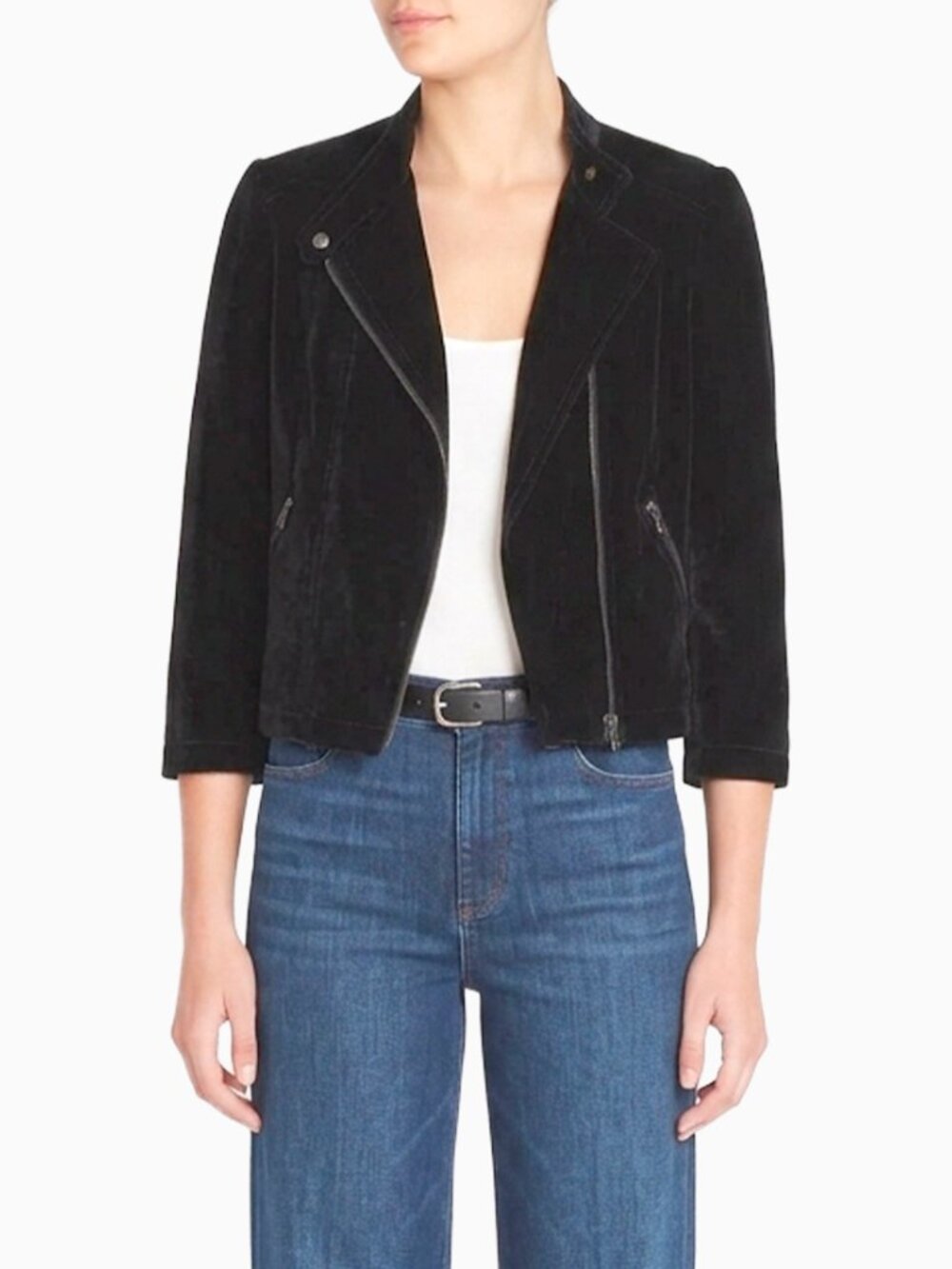 Rebecca Taylor Black Velvet Moto Jacket 6 Asymmetric Zip Cropped Puff Shoulder